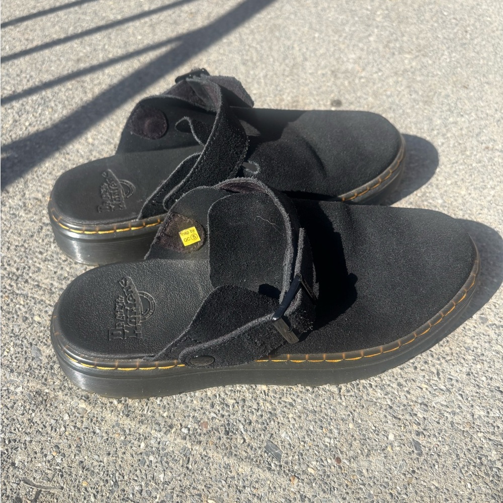 Dr. Martens Black Suede Slide Mules with Yellow Stitching